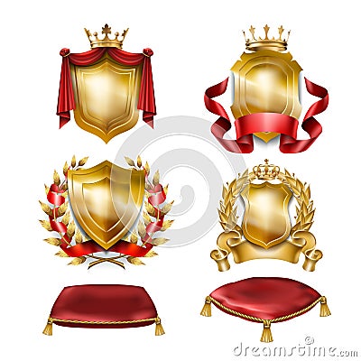 Set of vector icons of heraldic shields with royal golden crowns Vector Illustration