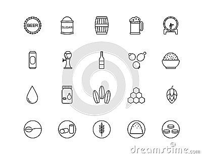 A set of vector icons with the image of beer ingredients. Depicted malt hops sugar water yeast barrel bottle tower honey Vector Illustration