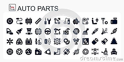 A set of vector icons and logos with car parts, batteries, transmissions, electrical equipment, engines and other special equipmen Vector Illustration