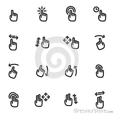 Set of vector icons, and logos hands, fingers, gestures, movement touch screen. Vector Illustration