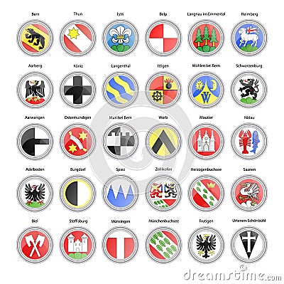 Set of vector icons. Municipalities of Bern canton flags, Switzerland. Vector Illustration