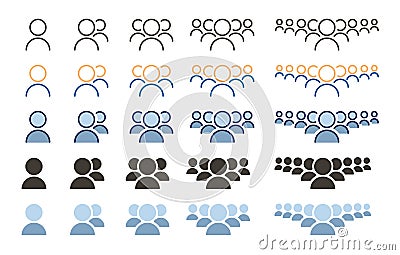 Set of vector icons of a person, a team, crowd, multiple persons in 4 different styles and with multiple number of people Vector Illustration