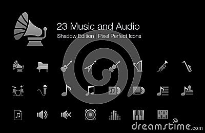 Music and Audio Pixel Perfect Icons Shadow Edition. Vector Illustration