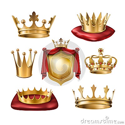 Set of vector icons of royal golden crowns of various kinds and coat of arms isolated on white. Vector Illustration