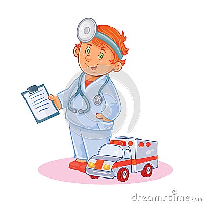 Set vector icons of small child doctor and his toy ambulance Vector Illustration