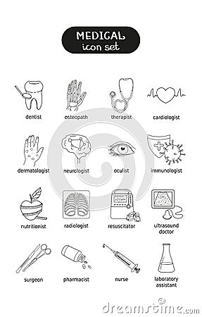 Set of vector icons on the theme of medicine. Specialties of doctors Vector Illustration