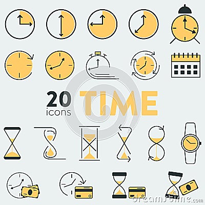 Set of 20 vector icons with time and money related objects. It uncludes hourglasses, watches, clock, alarm, calendar, credit card Stock Photo