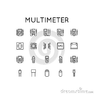 Set of vector icons on topic of a measuring device. Presented digital and analog multimeter, probes, processor Vector Illustration