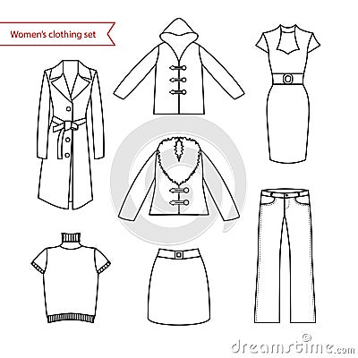 Set Of Vector Icons Of Women's Clothing For Your Design. Outline Women ...
