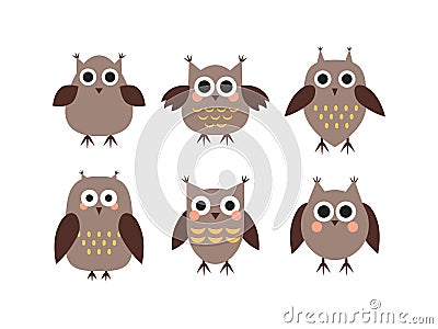 Set of vector illustration of brown cartoon happy owls Vector Illustration