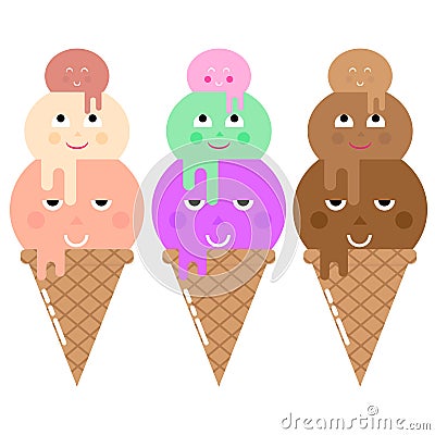 Set of Vector illustration of cartoon funny ice creams with happy smiling faces for kids designs and decorations Vector Illustration