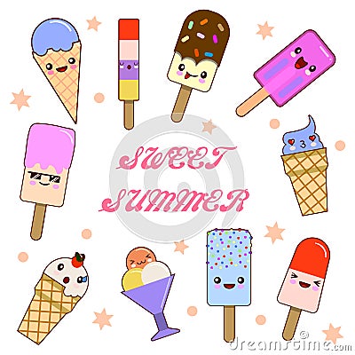 Set of Vector illustration of cartoon funny ice creams with happy smiling faces for kids designs and decorations and Vector Illustration