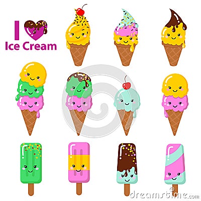 Set of Vector illustration of cartoon funny ice creams with happy smiling faces Vector Illustration