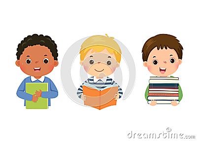 Set of vector illustration cartoon of little boys with books. Book lover concept Vector Illustration