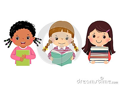 Set of vector illustration cartoon of little girls with books. Book lover concept Vector Illustration