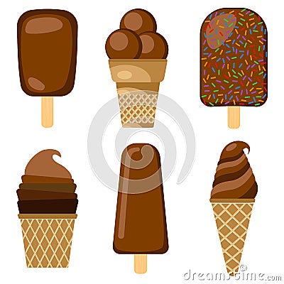 Set of vector illustration of chocolate ice cream. Chocolate ice cream on a wooden stick Vector Illustration
