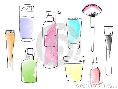 Set of vector illustration of cosmetics jars and brushes Vector Illustration