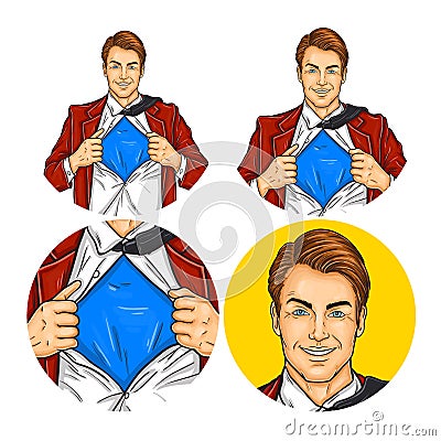 Set of vector illustration, mens pop art round avatars icons Vector Illustration