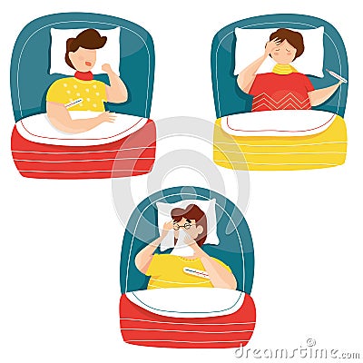 Set of vector illustration of sick man lying in bed with symptoms of cold, high fever. Flu infection. Coronavirus Vector Illustration