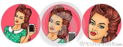 Set of vector illustration, womens pop art round avatars icons Vector Illustration