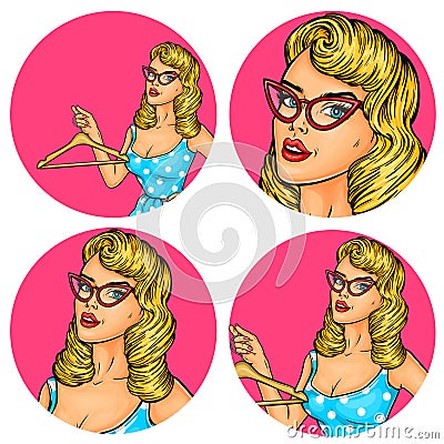 Set of vector illustration, womens pop art round avatars icons Vector Illustration