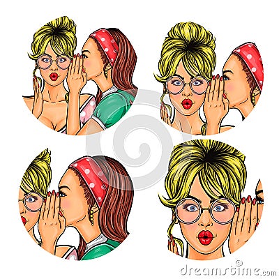 Set of vector illustration, womens pop art round avatars icons Vector Illustration