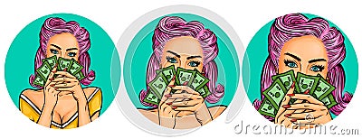 Set of vector illustration, womens pop art round avatars icons Vector Illustration