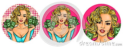 Set of vector illustration, womens pop art round avatars icons Vector Illustration