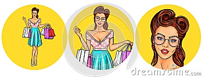 Set of vector illustration, womens pop art round avatars icons Vector Illustration