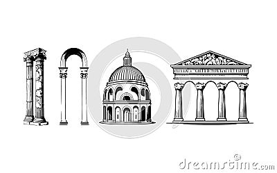 Set of vector illustrations of antique arches.Basic elements of Greek architecture. Vector Illustration