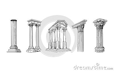 Set of vector illustrations of antique arches.Basic elements of Greek architecture. Vector Illustration