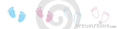 Set of vector illustrations of baby steps - pairs of pink and blue footprints in a flat styl Cartoon Illustration