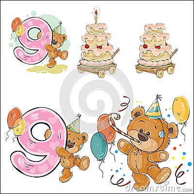 Set of vector illustrations with brown teddy bear, birthday cake and number 9. Vector Illustration