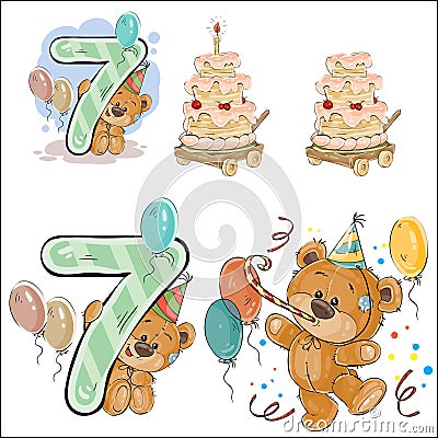 Set of vector illustrations with brown teddy bear, birthday cake and number 7. Vector Illustration