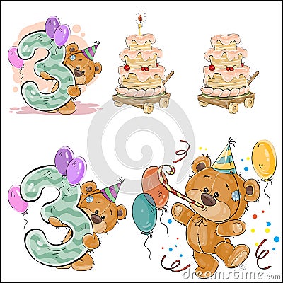 Set of vector illustrations with brown teddy bear, birthday cake and number 3. Vector Illustration