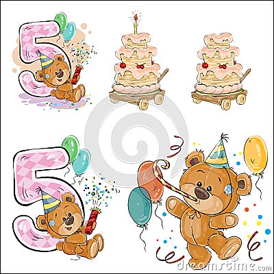 Set of vector illustrations with brown teddy bear, birthday cake and number 5. Vector Illustration