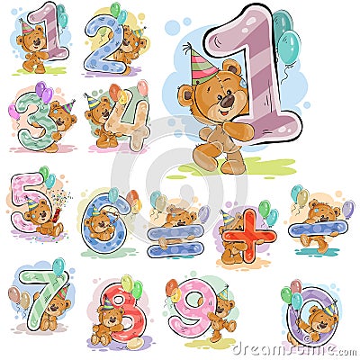 A set of vector illustrations with a brown teddy bear and numerals and mathematical symbols. Vector Illustration