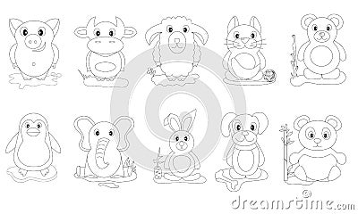 Set of vector illustrations of cartoon animals. Coloring book for children. Cute characters for cards, invitations, labels for chi Vector Illustration