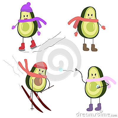 Set of vector illustrations character avocado girl and winter active games. Ice skating, skiing, snowball fights Vector Illustration