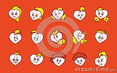 Set of vector illustrations children`s animation characters hearts boys and girls Stock Photo