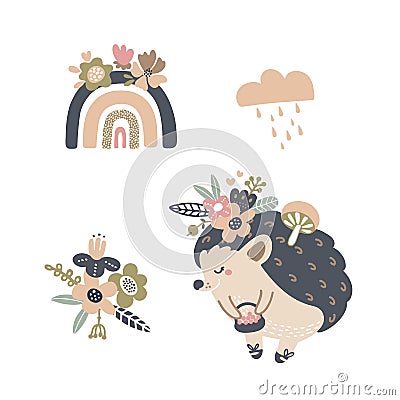 Cute hedgehog with bouquet and rainbow set for kids design Vector Illustration