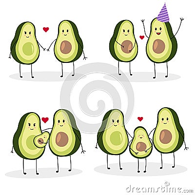 A set of vector illustrations with cute avocados in the process of creating a family Vector Illustration
