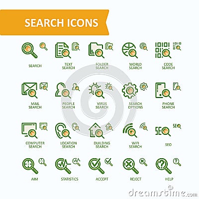 Set of vector illustrations fine line icons of analysis, search of information. Vector Illustration