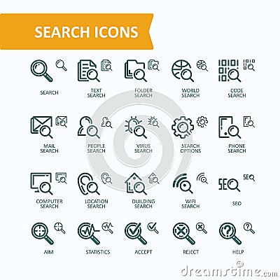 Set of vector illustrations fine line icons of analysis, search of information. 32x32 and 16x16 pixel perfect Vector Illustration