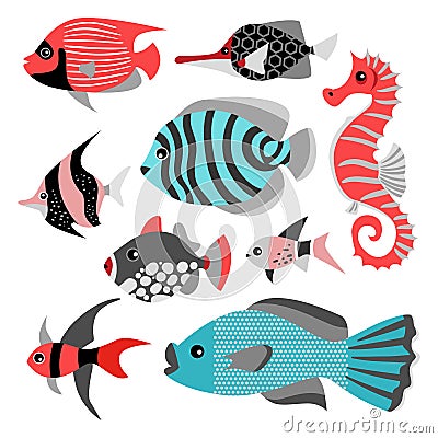 Set of vector illustrations of funny tropical fish. Sea life. Vector Illustration