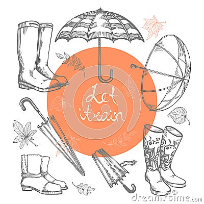 Set of vector illustrations of hand-drawn umbrellas, rubber boots and autumn leaves. Vector Illustration