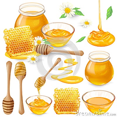 Set of vector illustrations of honey in honeycombs, in a jar, dripping from honey dipper Vector Illustration