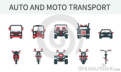 A set of vector illustrations, icons and logos of cars, trucks and buses, motorcycles, bicycles and ATVs. Vector Illustration