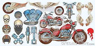 Set of vector illustrations, icons of vintage motorcycle in various angles, skulls, wings Vector Illustration