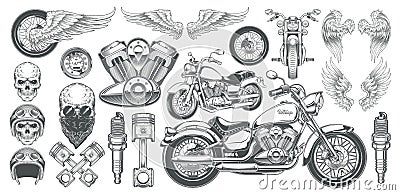 Set of vector illustrations, icons of vintage motorcycle in various angles, skulls, wings Vector Illustration